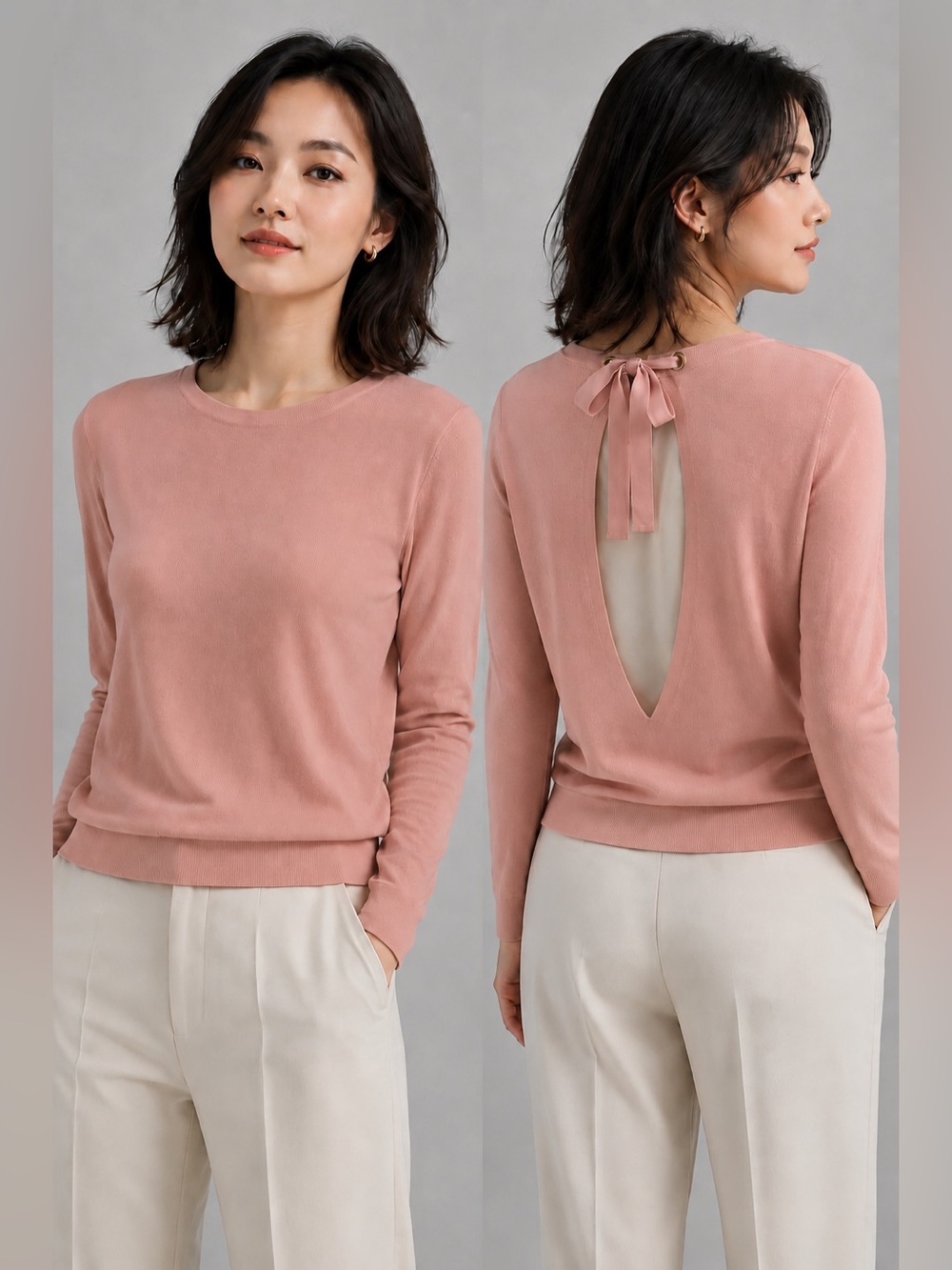 Caroll Paris Dusty Rose Silk Back Tie Sweater Size M